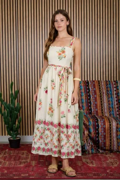 Blu Pepper Floral Border Midi Dress In Light Khaki Multi In White