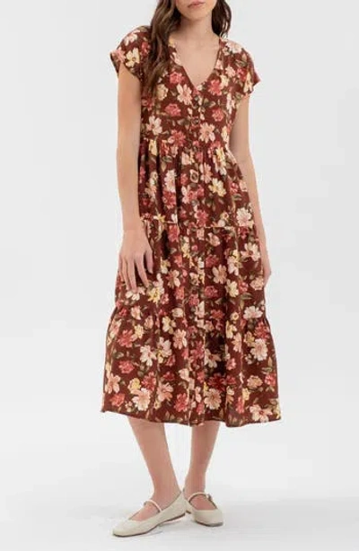 Blu Pepper Floral Button-up Midi Dress In Burgundy Multi