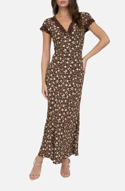 Blu Pepper Floral Cap Sleeve Maxi Dress In Brown