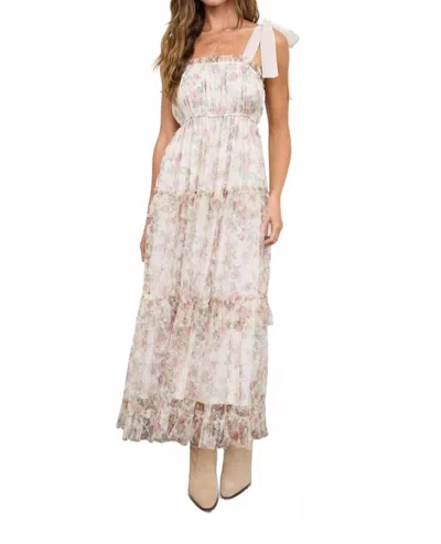 Blu Pepper Floral Chiffon Tie Strap Ruffled Tiered Midi Dress In Oatmeal Multi In Beige