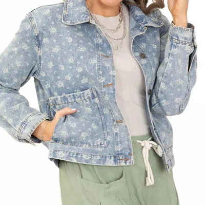 Blu Pepper Floral Denim Collard Button Down Jacket In Washed In Blue