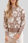 Blu Pepper Floral Distressed Terry Sweater In Grey