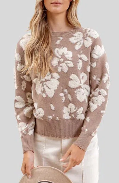 Blu Pepper Floral Distressed Terry Sweater In Taupe