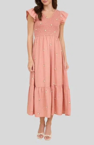 Blu Pepper Floral Embroidered Cap Sleeve Midi Dress In Pink
