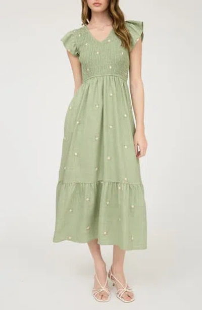 Blu Pepper Floral Embroidered Cap Sleeve Midi Dress In Green