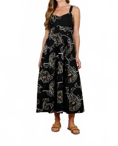 Blu Pepper Floral Embroidered Spaghetti Strap Midi Dress In Black