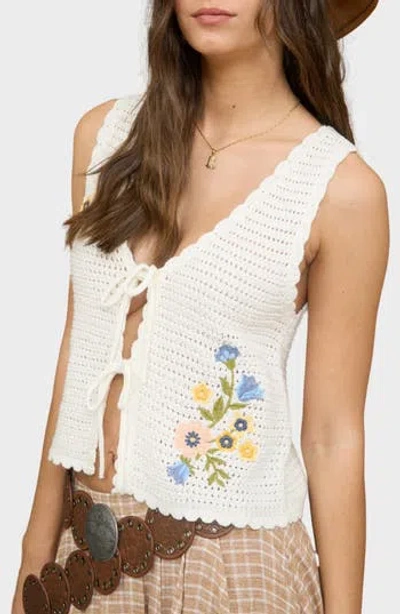 Blu Pepper Floral Embroidered Tie Front Sweater Vest In White
