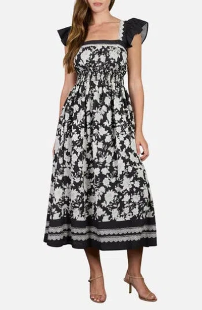 Blu Pepper Floral Flutter Sleeve Midi Dress In Black