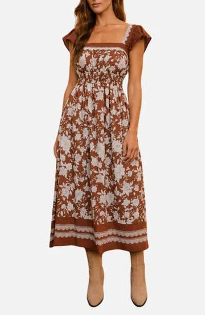 Blu Pepper Floral Flutter Sleeve Midi Dress In Brown