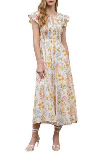 Blu Pepper Floral Flutter Sleeve Smocked Tiered Midi Dress In Ivory Multi