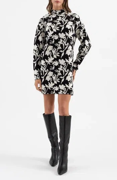 Blu Pepper Floral Jacquard Long Sleeve Sweater Dress In Black