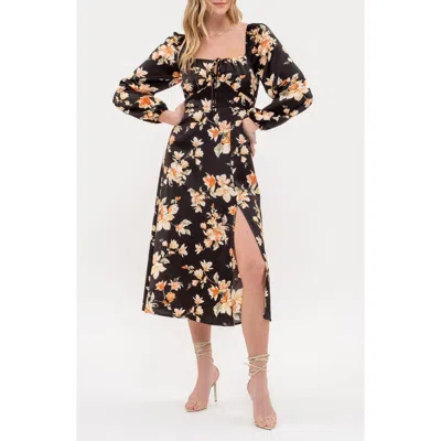 Blu Pepper Floral Long Sleeve Midi Dress In Black Multi