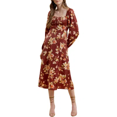 Blu Pepper Floral Long Sleeve Midi Dress In Burgundy Multi