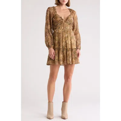Blu Pepper Floral Metallic Long Sleeve Minidress In Brown Multi