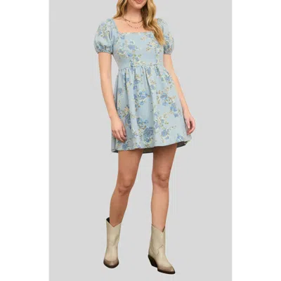 Blu Pepper Floral Print Puff Sleeve Denim Minidress In Blue