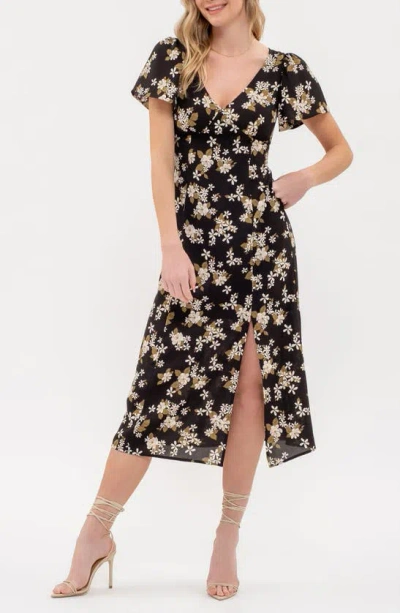 Blu Pepper Floral Print Side Slit Midi Dress In Black Multi