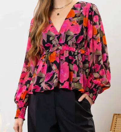 Blu Pepper Floral Print V-neck Peplum Top In Multi In Pink