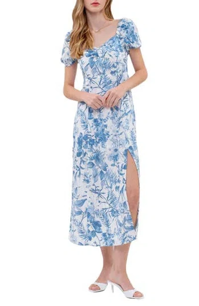 Blu Pepper Floral Puff Sleeve Front Slit Midi Dress In Blue