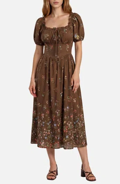 Blu Pepper Floral Puff Sleeve Midi Dress In Brown
