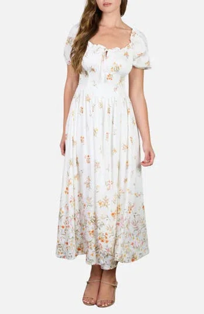Blu Pepper Floral Puff Sleeve Midi Dress In White