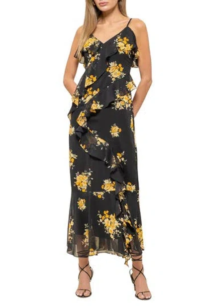 Blu Pepper Floral Ruffle Midi Dress In Black Multi