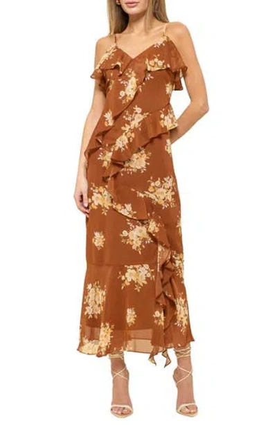 Blu Pepper Floral Ruffle Midi Dress In Brown Multi