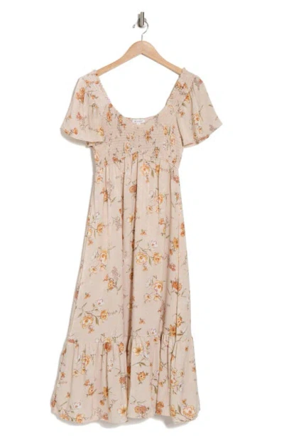 Blu Pepper Floral Smocked Midi Dress In Neutral