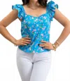 Blu Pepper Floral Sweetheart Neckline Ruffle Sleeve Top In Blue In Blue