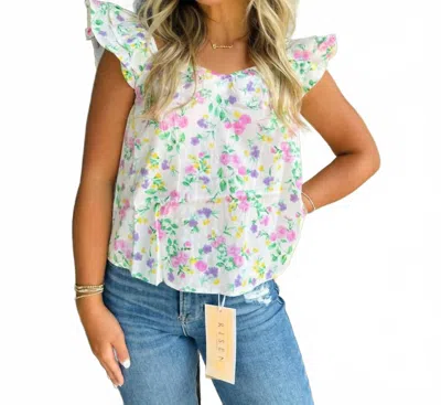 Blu Pepper Floral Sweetheart Neckline Ruffle Sleeve Top In Cream In Multi