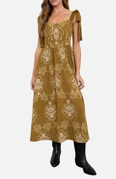 Blu Pepper Floral Tie Strap Midi Dress In Dark Olive Multi
