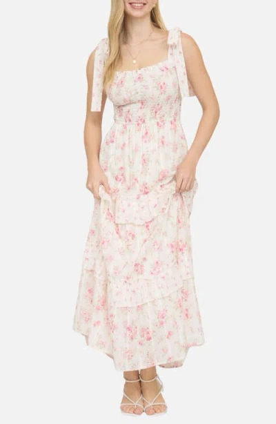 Blu Pepper Floral Tie Strap Tiered Maxi Dress In White