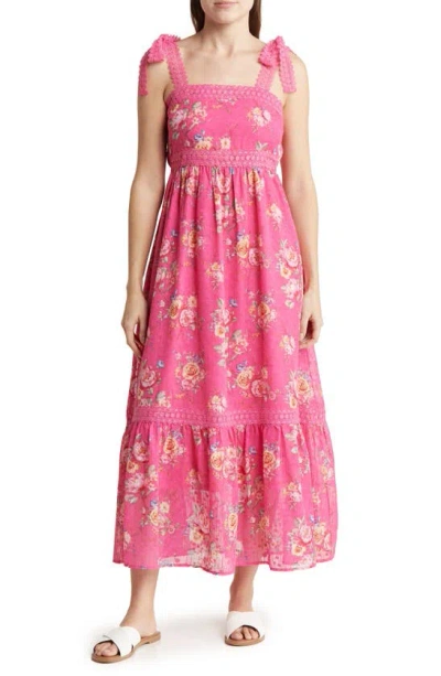 Blu Pepper Floral Tie Strap Tiered Midi Dress In Fuchsia Multi