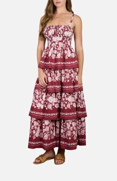 Blu Pepper Floral Tiered Midi Dress In Burgundy