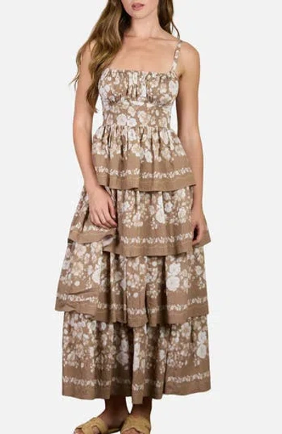 Blu Pepper Floral Tiered Midi Dress In Neutral