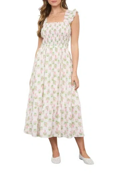 Blu Pepper Floral Tile Smocked Midi Dress In White