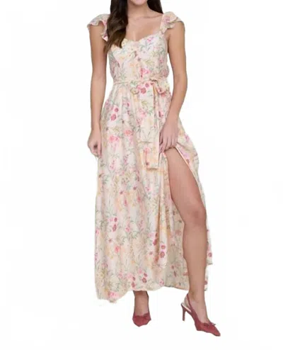 Blu Pepper Floral Waist Tie Front Slit Sleeveless Midi Dress In Light Peach Multi In Pink