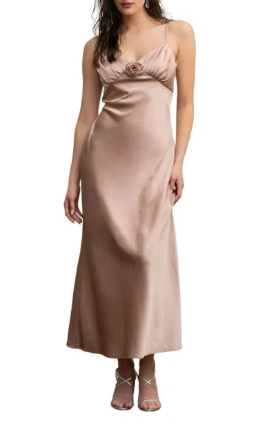 Blu Pepper Flower Satin Midi Dress In Brown