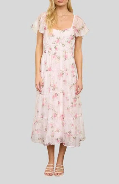 Blu Pepper Flutter Sleeve Floral Midi Dress In Pink