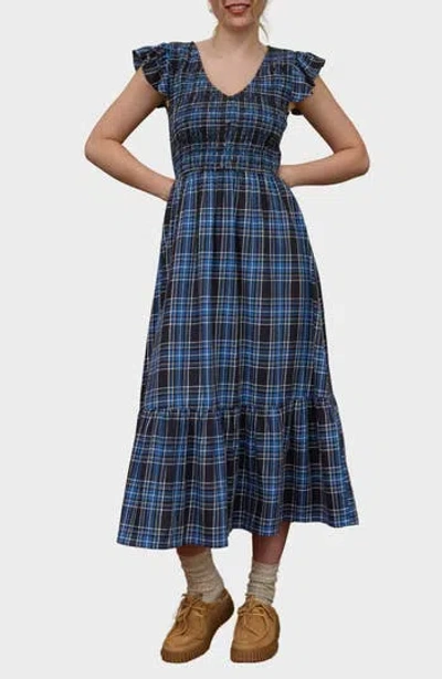 Blu Pepper Flutter Sleeve Plaid Maxi Dress In Multi