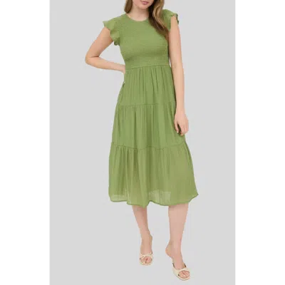 Blu Pepper Flutter Sleeve Smocked Tiered Midi Dress In Green