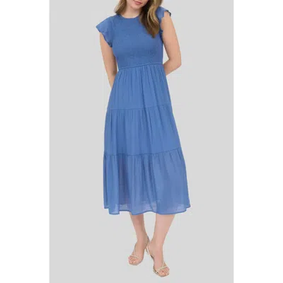 Blu Pepper Flutter Sleeve Smocked Tiered Midi Dress In Blue