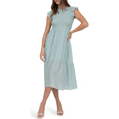 Blu Pepper Flutter Sleeve Smocked Tiered Midi Dress In Green