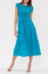 Blu Pepper Flutter Sleeve Smocked Tiered Midi Dress In Aqua