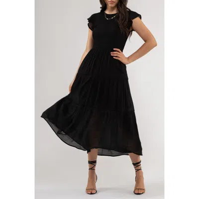 Blu Pepper Flutter Sleeve Smocked Tiered Midi Dress In Black