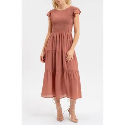 Blu Pepper Flutter Sleeve Smocked Tiered Midi Dress In Brown