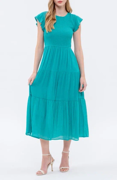 Blu Pepper Flutter Sleeve Smocked Tiered Midi Dress In Emerald