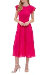 Blu Pepper Flutter Sleeve Smocked Tiered Midi Dress In Fuchsia