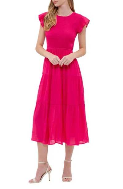 Blu Pepper Flutter Sleeve Smocked Tiered Midi Dress In Fuchsia