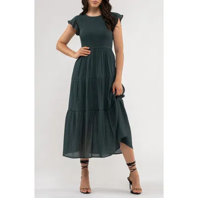 Blu Pepper Flutter Sleeve Smocked Tiered Midi Dress In Green