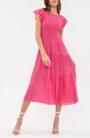 Blu Pepper Flutter Sleeve Smocked Tiered Midi Dress In Light Fuchsia